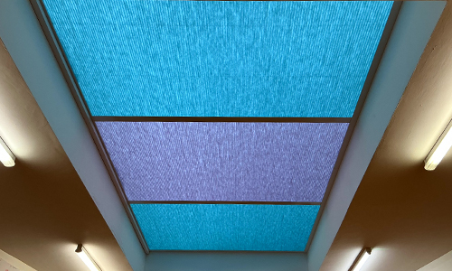Blue and purple colour blinds in a roof lantern